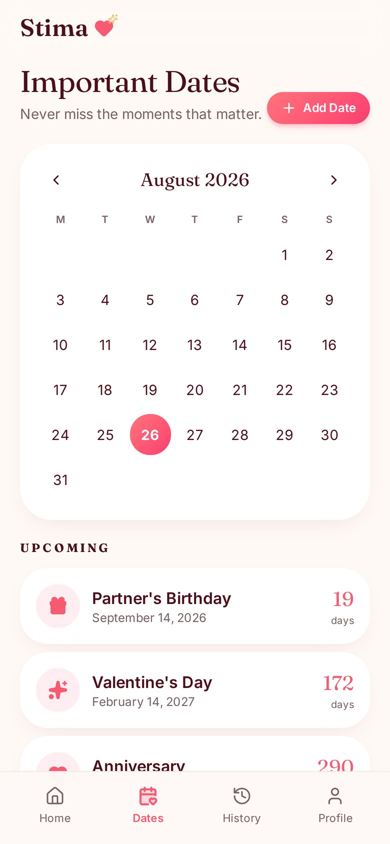 The Stima Important Dates screen with a calendar and upcoming birthdays and anniversaries