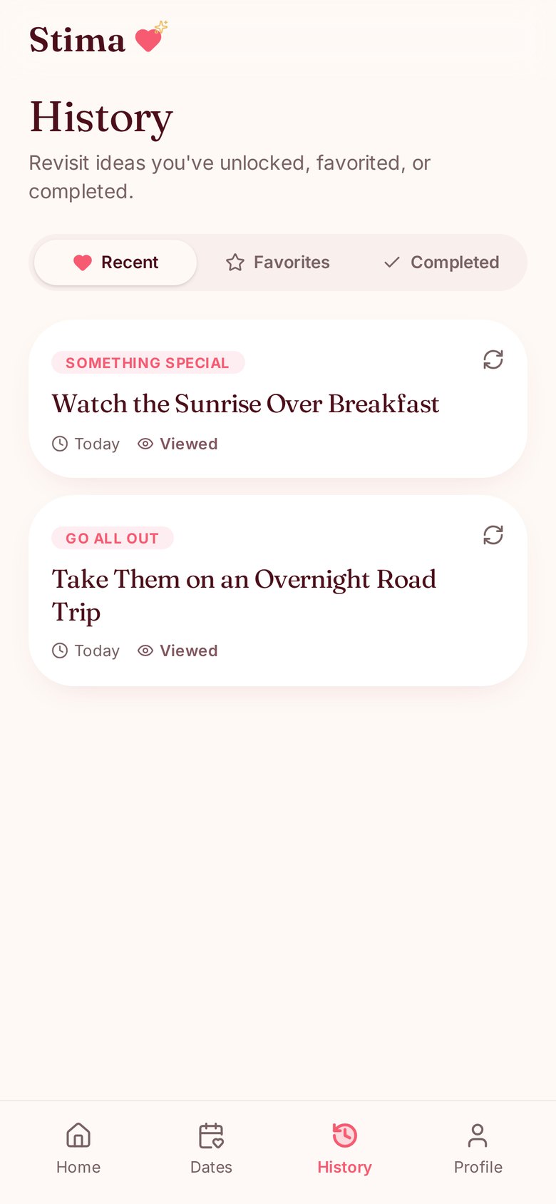 The Stima history screen listing recently unlocked romantic ideas