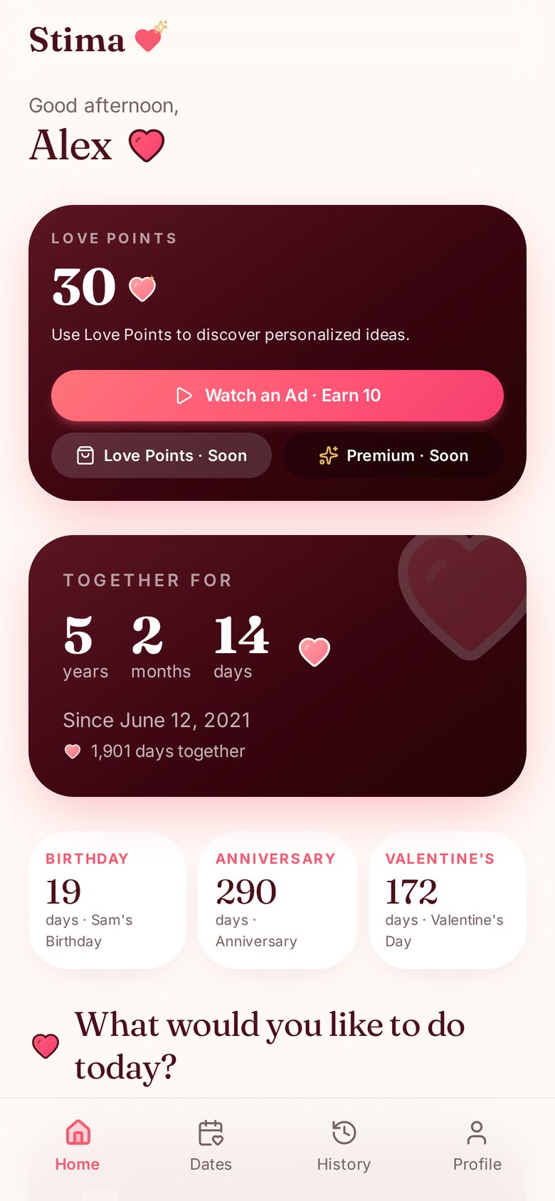 The Stima home screen: Love Points, a relationship countdown and upcoming important dates