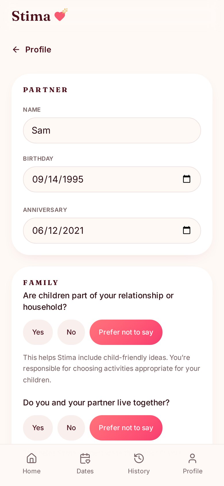 The Stima partner profile screen showing interests, favorite things and important details