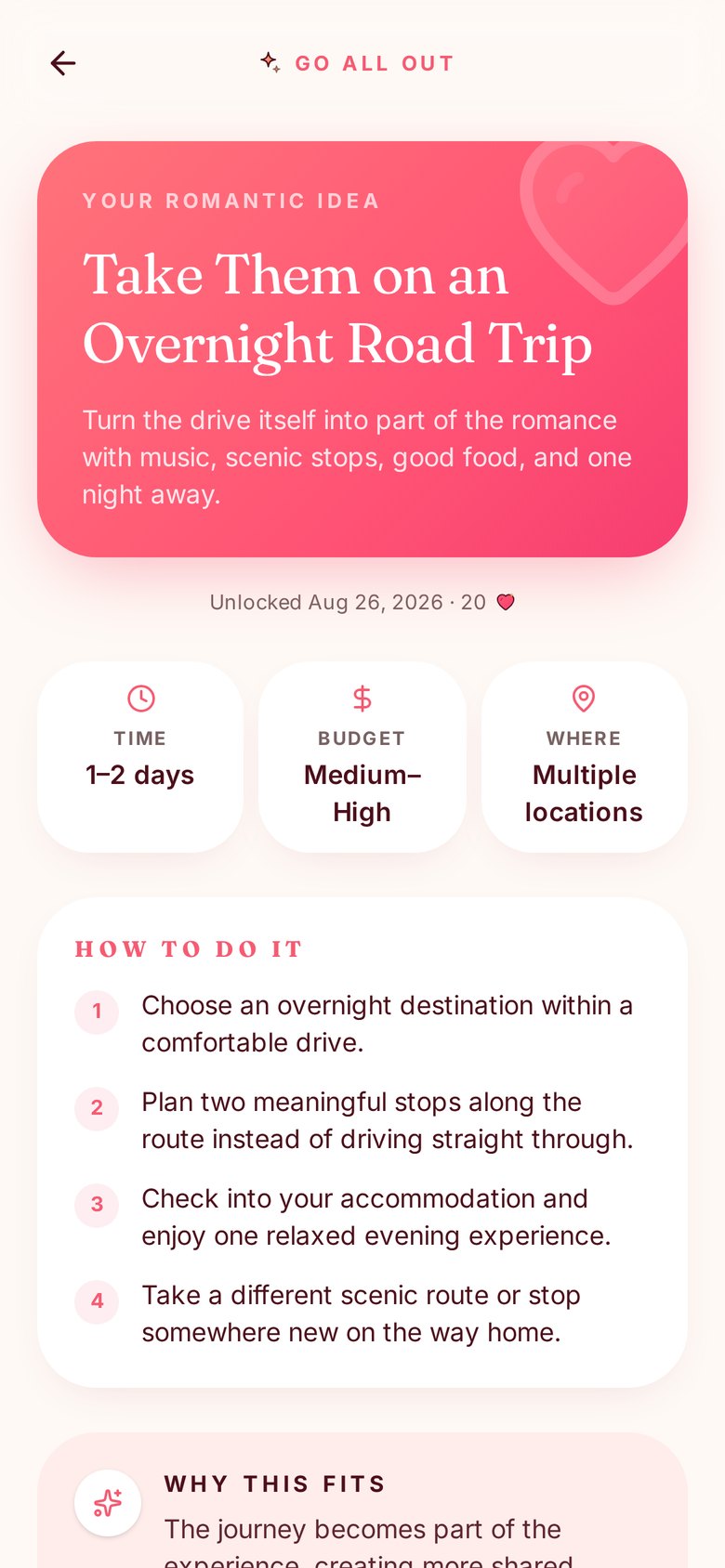 A revealed Stima romantic idea with time, budget, where, steps, a tip and why it fits