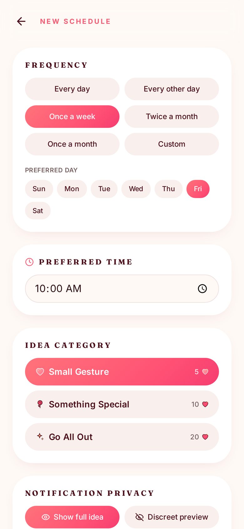 The Stima Scheduled Ideas setup screen with frequency, preferred day, preferred time and idea category
